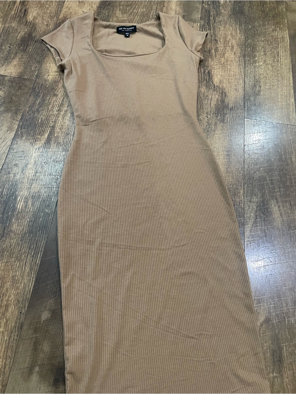 See You Monday Ribbed Scoop Neck Midi Dress — Tan